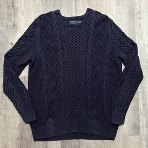 Polo Ralph Lauren Sweater Mens LT Blue Fisherman Cable Knit Crewneck Pullover